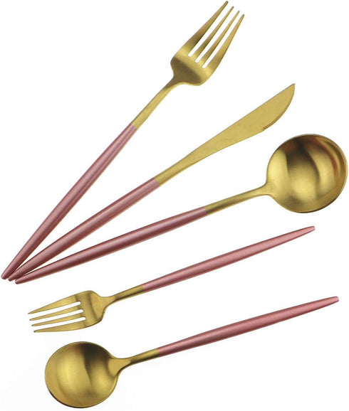 Gugrida Pink Gold Flatware, Royal 5 Piece Matte Pink Handle 18/10 Stainless Steel Tableware Sets for 1 Including Forks Spoons Knives, Camping Silv...