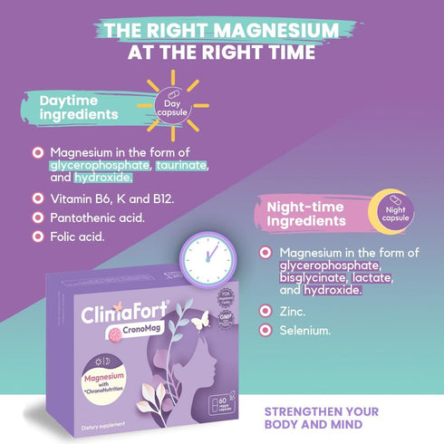 ClimaFort® CronoMag | Magnesium for Women in Menopause | 5 Salts Bisglycinate + Glycerophosphate | B12 | Energy Supplement | 1 Month Supply...