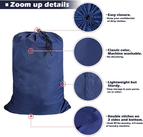 Washable Travel Laundry Bag with Drawstring (3 Pack), Large Dirty Clothes Bag Fit a Laundry Basket or Clothes Hamper, Enough to Hold 4 Loads of La...