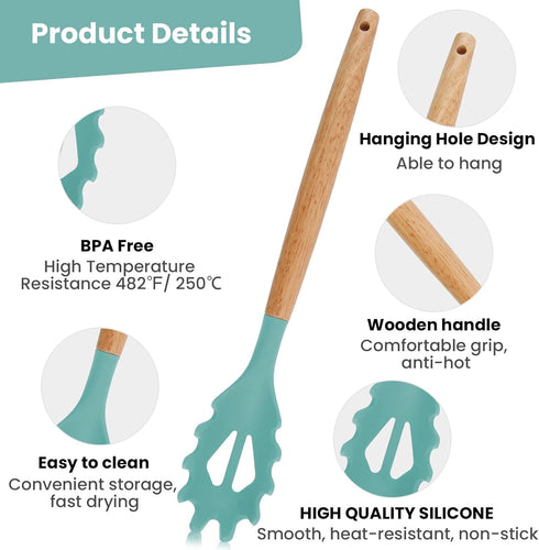 Silicone Spaghetti Spoon, Pasta Fork, 12.6 Inch Noodle Spoon, Pasta Spoon with Wooden Handle, Spaghetti Server for Cooking, BPA Free, Green...