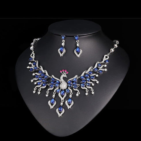 Peacock Necklace Earrings Jewelry Set for Women Austrian Crystal Enamel Peacock Necklace Set Fashion Banquet Accessories Gift (Blue set)...