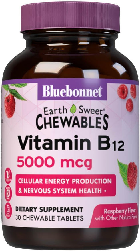 Bluebonnet Nutrition Earth Sweet Vitamin B12 5000 mcg Chewable Tablets, Soy-Free, Gluten-Free, Kosher Certified, Dairy-Free, Vegan, Raspberry Flav...