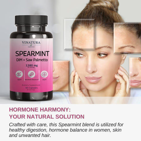 Spearmint Leaf Capsules Supplement - enhanced with DIM & Saw Palmetto, for Unwanted Hair, Women' Health & Skin *USA Made & Tested* - 1380mg/servin...