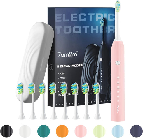 7AM2M Sonic Electric Toothbrush for Adults and Kids, with 6 Brush Heads, 5 Modes with 2 Minutes Build in Smart Timer, Roman Column Handle Design (...