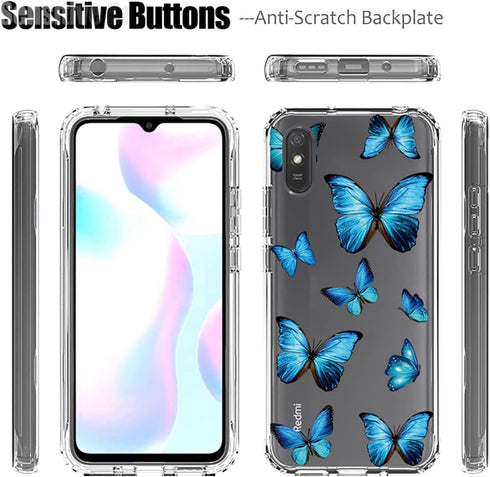 Case for Redmi 9A M2006C3LG/Redmi 9i M2006C3LII Case with Tempered-Glass Screen Protector, Clear Butterfly Pattern Full Body Protective Phone Cove...