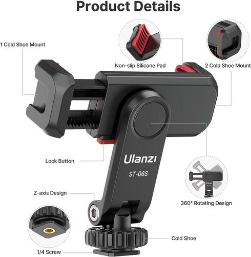 ULANZI Phone Tripod Mount ST-06S, New Universal Smartphone Mount Adapter with 2 Cold Shoe, 360° Rotates Adjustable Cell Phone Clip Clamp Holder, C...