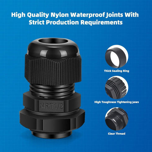 Cable Gland 12 Pack 1/2" NPT Waterproof Adjustable Connector Strain Relief Cord Connectors Joints Nylon with Gaskets…...