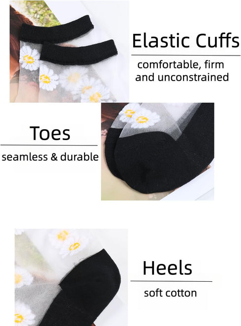 Daisy Socks Lace Sheer High Ankle Socks 6 Pairs Women Transparent Cute Preppy Floral Knit Cotton Sole Dress Sock...
