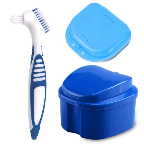 Denture Bath Case Cup with Denture Cleaner Brush & Retainer Holder Box, Complete Clean Care for Dentures, Clear Braces, Mouth Guard, Night Guard &...