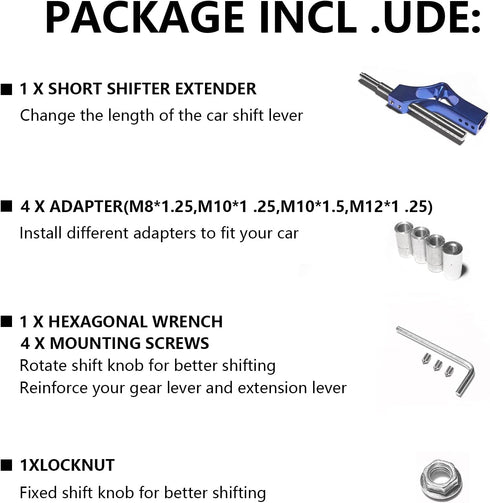 Blue Manual Shifter Extender 12x1.25, Adjustable Height Shift Knob Extender M10*1.5 Aluminum Shift Knob Extension with 4 Adapters for Most Vehicle...
