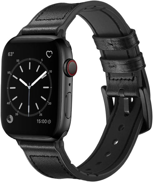 OUHENG Compatible with Apple Watch Band 49mm/46mm/45mm/44mm/42mm, Sweatproof Genuine Leather and Rubber Hybrid Band for iWatch Ultra 2/1 Series 10...