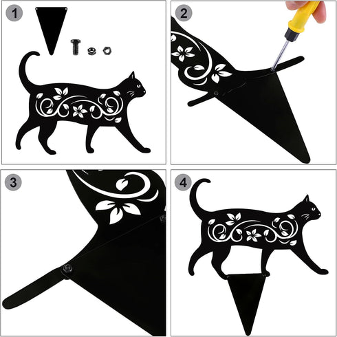 Elcoho 4 Pack Black Cat Silhouette Cute Metal Cat Garden Statues Bird Repellent Cat Decorative Garden Stakes for Yard, Garden, Lawn Outdoor Decora...