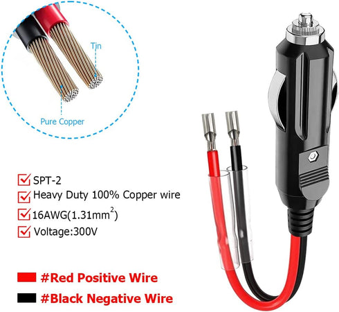 12V Fused Male Cigarette Lighter Plug, Replacement Car Adapter with Leads and LED Light, 16AWG Extension Cable with 15A Fuse, Automotive Power Sup...