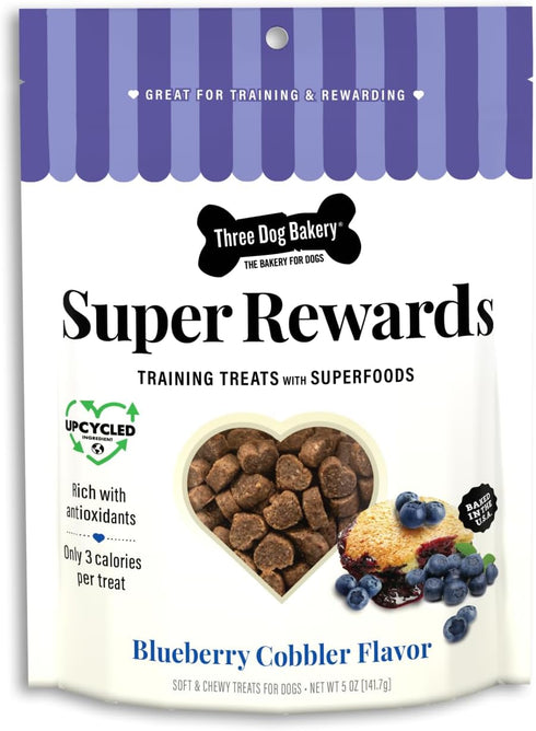Three Dog Bakery Soft and Chewy Super Rewards with Superfoods Dog Treats, Low Calorie Dog Training Treats for Dogs, Blueberry Cobbler Flavor, 5 Ou...