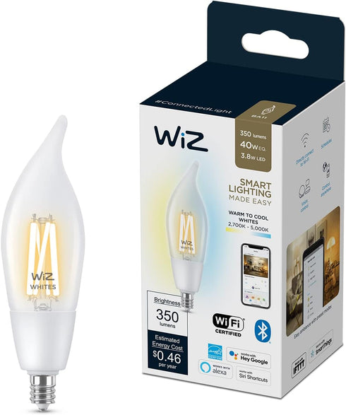 WiZ Clear 40W BA11 Tunable White Filament LED Smart Candle-Shaped Bulb - Pack of 1 - E12- Indoor - Connects to Your Existing Wi-Fi - Control with ...
