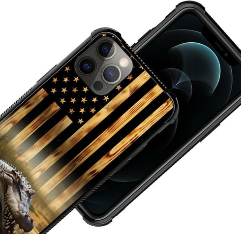 TnXee Case Compatible with iPhone 12 Pro Max Case, Wood Grain American Flag Alligator Pattern Design case for iPhone 12 Pro Max Cases for Mans Wom...