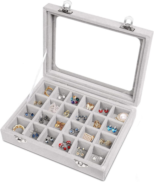 Jewelry Box 24 Grid Velvet Earrings Holder Tray Detachable Earring Case Jewelry Showcase for Drawers Glass Clear Lid Organizer Jewelry Display Sto...