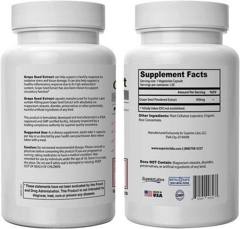 Superior Labs - Grape Seed Extract - 95% Polyphenols - 400mg, 120 Vegetable Capsules - Cardiovascular Health - High Antioxidant Content - Healthy ...