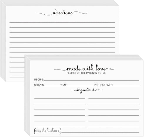 4x6 Recipe Cards for the Parents-To-Be, 100 Pack Double Sided White Cardstock - Simple, Cute Made with Love Heart Design - Double-Sided - For Brid...
