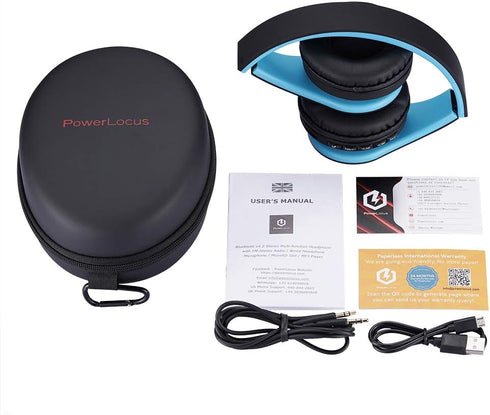 PowerLocus Wireless Bluetooth Over-Ear Stereo Foldable Headphones, Wired Headsets with Built-in Microphone for iPhone, Samsung, LG, iPad (Black/Bl...
