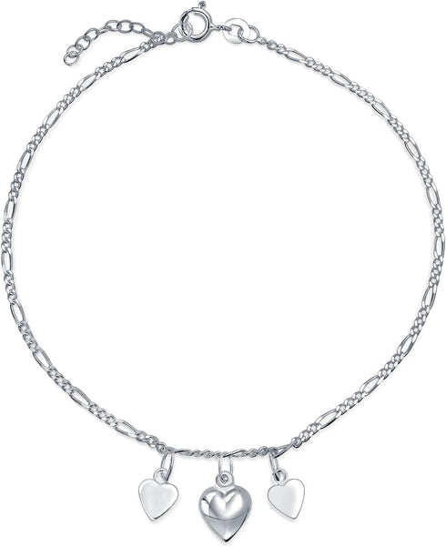 Multi Flat Puff Station Dangle Hearts Charm Anklet Ankle Bracelet For Women Teen Beaded Ball Figaro Chain Rose 14K Yellow Gold Vermeil .925 Sterli...