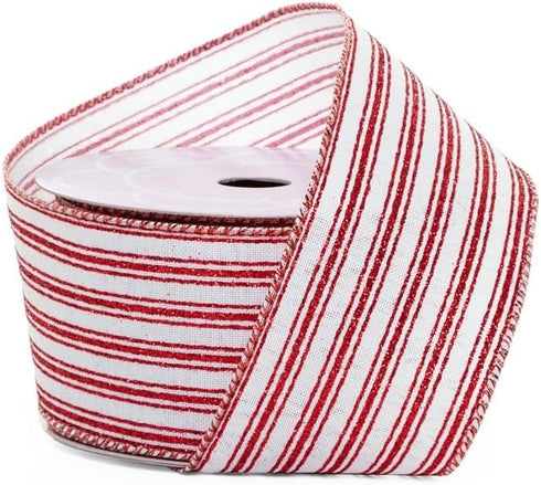 2 1/2" X 10 Yards White/Red Tri-Striped Wired Ribbon...