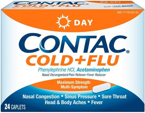 Contac Cold & Flu Medicine, Non-Drowsy, Powerful Multi-Symptom Daytime Relief for Nasal Congestion, Sinus Pressure, Headache, Fever, Sore Throat, ...