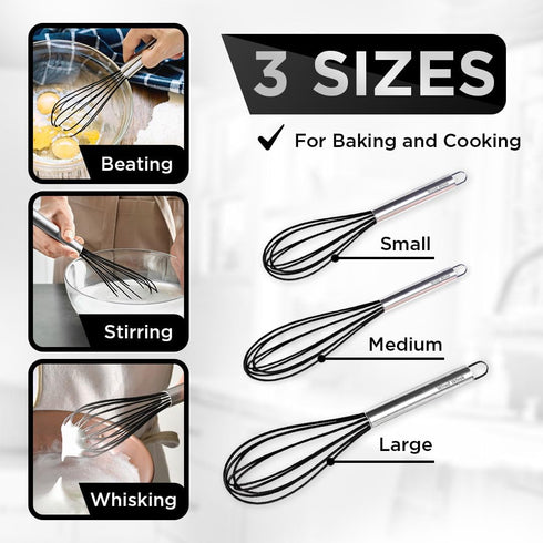 Silicone Whisk Set of 3 - Stainless Steel & Silicone Non-Stick Coating – wisking tool, Whisking, mini whisk, whisks for cooking (12-inch, 10-inch ...
