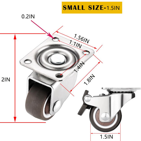 1.5 Inch Caster Wheels for Small Furniture Heavy Duty Casters, Rubber 360º Swivel Casters Set of 4 (2 with Brakes&2 Without), Locking Plate Caster...