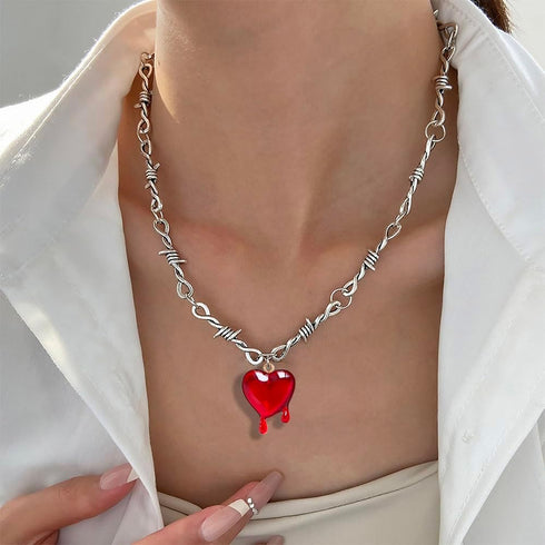 Gothic Bleeding Heart Necklace Dropping Blood Thorn Heart Pendent Choker for Men and Women...