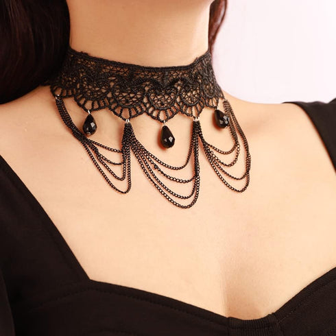 Halloween Sexy Jewelry Elegant Vintage Women Princess Black Lace Gothic Steampunk Statement Necklace Victorian Lolita Choker Crystals Pendant Vamp...