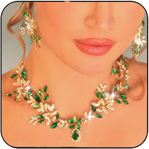 Aukmla Green Crystal Bridal Jewelry Set Gold Rhinestones Wedding Necklaces Earrings Sets Pearl Prom Costume Jewelry for Women and Brides...