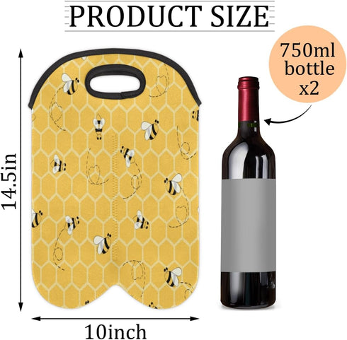 2 Bottle Wine Carrier Tote Bag Cute Bees Insulated Neoprene Portable Bottle Holder Great Gift for Wine Lover, Great for Picnics Travel BYOB, Outdo...