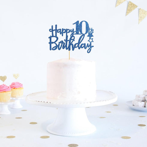 Royal Blue Glitter Happy 10th Birthday Cake Topper - 10 Sign Cake Topper - Cheers to 10 Years Party Supplies - 10th Birthday Party Decorations...