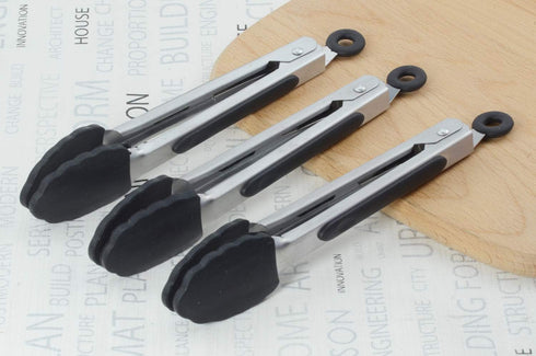Small Serving Tongs with Silicone Tips 7 Inch Mini Stainless Steel Food Tongs, Set of 3 (Black)...