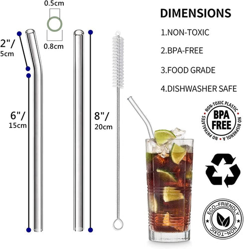 8 Pcs Reusable Glass Straws, 8"x8mm Eco-friendly Drinking Straws for Smoothies, Milkshakes, Tea, Juice, Cocktails - Multi-Color Mixed (8Pcs Bent)...