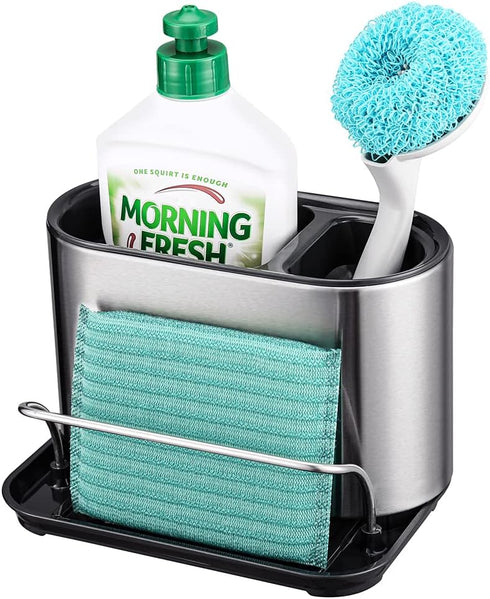 Stainless Steel Sink Caddy, Trendy Kitchen Sink Organizer for Countertop, Sponge Holder & Dish Brush Holder with Drain Tray...
