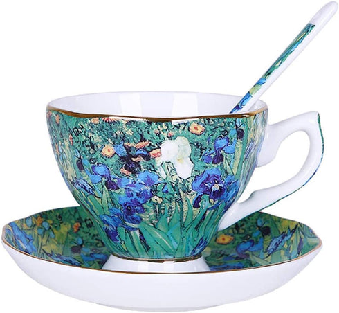 YBK Tech Bone China Cup and Saucer Set, 7oz Tea Cup - Design Inspired by Van Gogh's Paintings (Iris flower)...