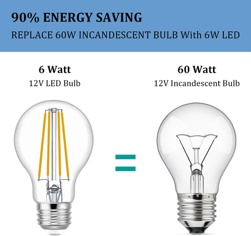 KEIVO 12V LED Bulb, 60 Watt Equivalent, 12-24V AC/DC, Soft White 2700K, 6W 800lm, E26 Base, A19 Low Voltage Edison Filament Bulbs for Off-Grid Sol...