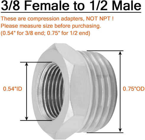 Joywayus 2PCS 1/2 G Male to 3/8 Compression Female Thread Bushing Pipe Fitting, Nickel Plated Brass Reducer Faucet Connector Water Hose Adapter, S...