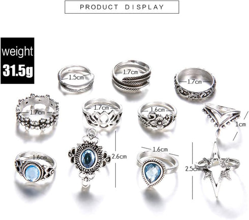 11 Pcs Bohemian Stackable Joint Knuckle Ring Set Carved Flower Star Leaf Gemstone Midi Ring Vintage Finger Rings for Women...
