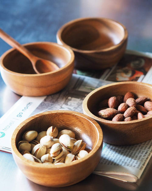 Set of 4 Small Round Acacia Wooden Bowls 3¾ Inch Diameter 1½" High With Spoons - Stackable Mixing Bowl Salad Soup Snack Dip Sauce Charcuterie Wood...