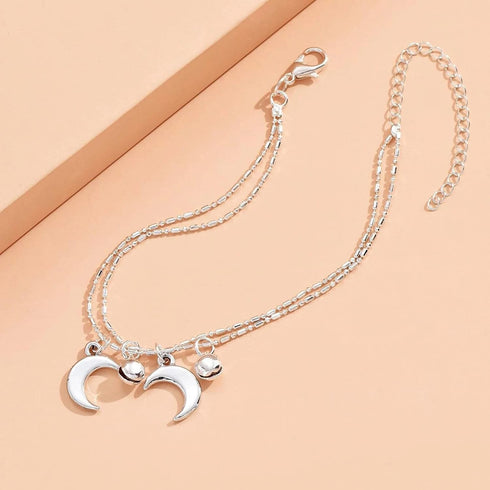 Boho Layered Moon Anklet Bracelet Tiny Moon Crescent Anklet Double Silver Moon Dangle Ankle Bracelet Small Bell Anklet Summer Beach Foot Chain Jew...