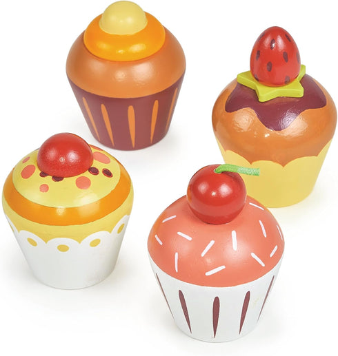 Toys - Teatime Cupcake Set - 4pc Wooden Assorted Decorated Cupcake Playset - Afternook Playset Toy for Children Pretend Kitchen Play - Social and ...
