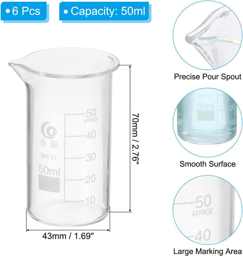 PATIKIL 50ml Tall Glass Beaker, 6Pcs 3.3 Borosilicate Glass Beakers Graduated Measuring Cup with Spout for Lab Experiment, Cooking and Baking, Cle...