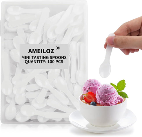 100PCS 3 Inch Mini Tasting Spoons Tiny Plastic Taster Spoon for Yogurt Pudding Jello Shots Ice Cream, Extra Little Sample Micro Spoons (White)...