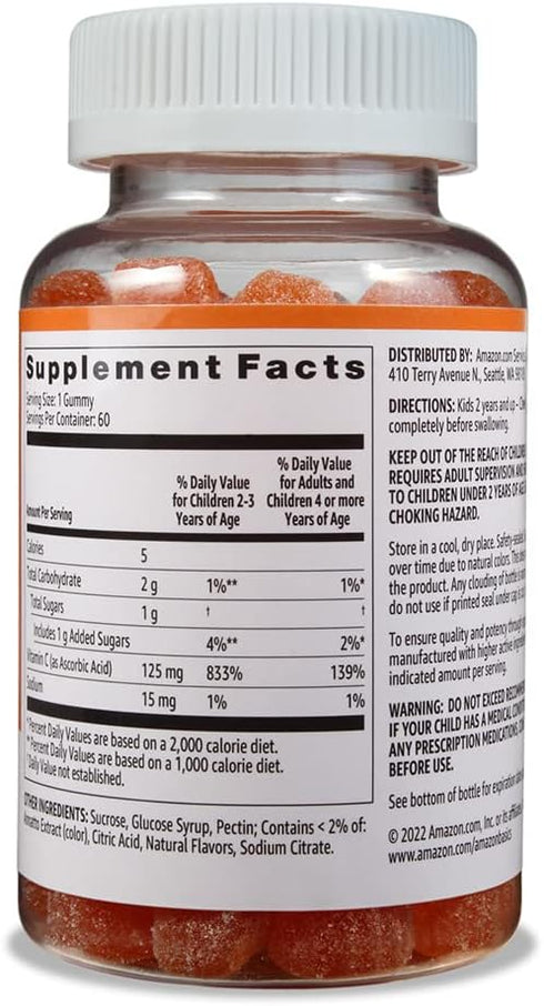 Amazon Basics Kids' Vitamin C 125mg Gummies, Orange, 60 Count, Immune Health, 2 Month Supply (Previously Solimo)...