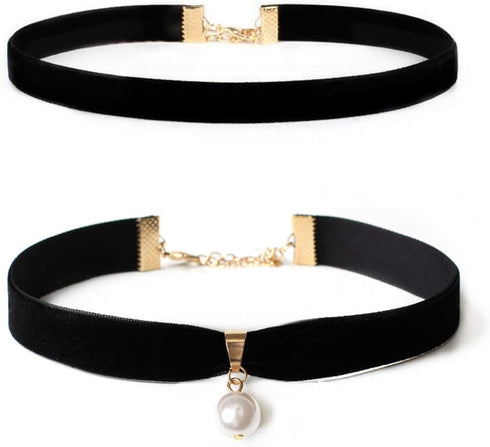 Gothic Black Velvet Choker Necklace Set Vintage Punk Simple Thin Pearl Pendant Cloth Choker Necklace Jewelry for Women...