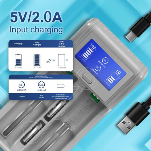 Rechargeable Batteries Charger AA AAA C with Smart LCD Display,Universal Battery Charger Lithium/Ni-Mh/Ni-Cd Rechargeable Coin Battery Charger Lir...