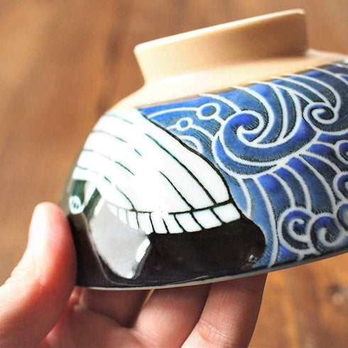 Minoru Touki White Wave Whale Blue Ceramic Rice Bowl Small Set of 2 ?4.4×H2.4in 11.29oz...